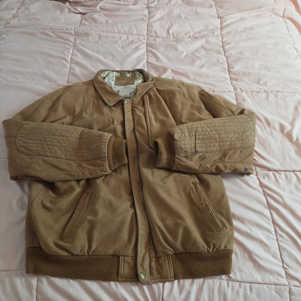 Vtg Marlboro Adventure Team Tan Genuine Leather Bomber Jacket Mens XL distressed